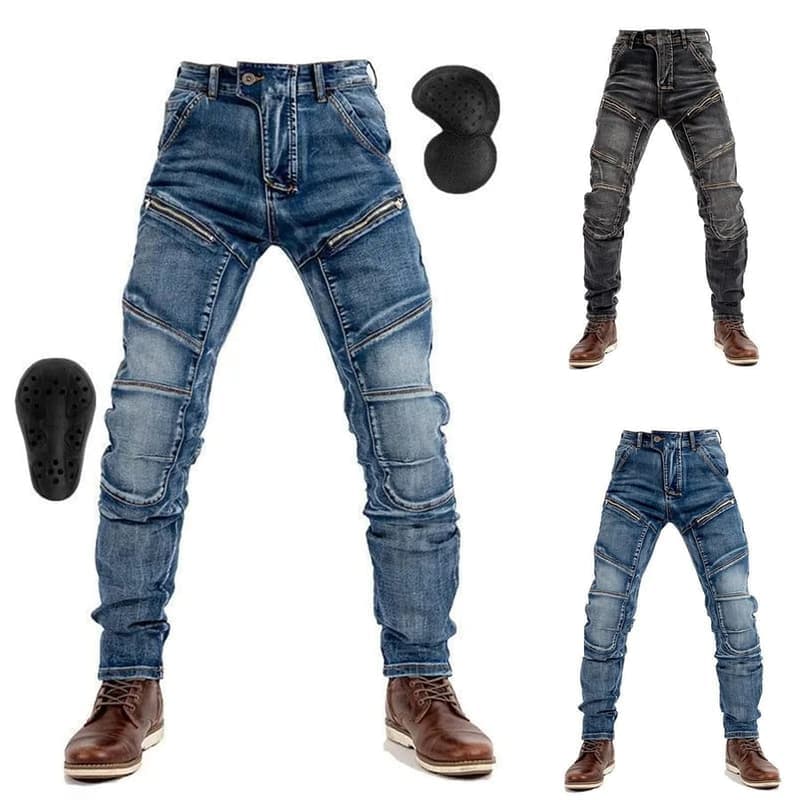 Motorcycle Jeans with Adjustable Knee Guards and Full Riding Pants