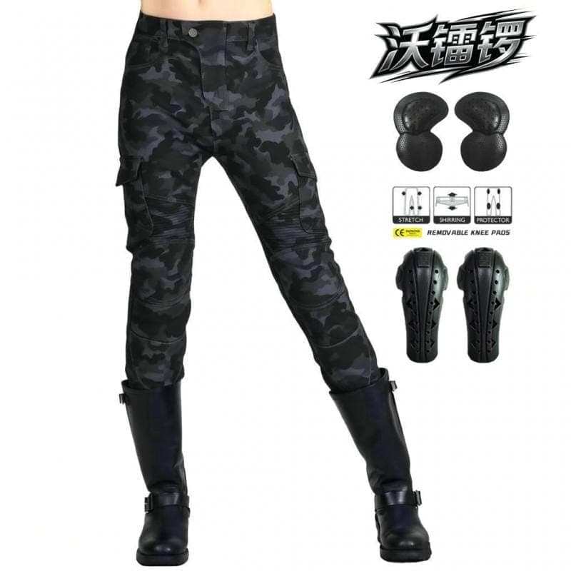 Women's Motorcycle Riding Pants with Stretch Cotton Fabric and Camouflage Pattern